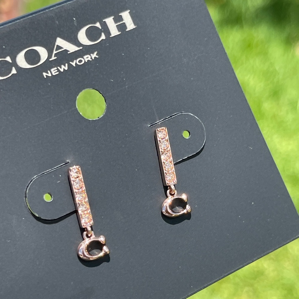 COACH Signature C Pave Bar Stud Earrings in Rose Gold - Picture 6 of 16